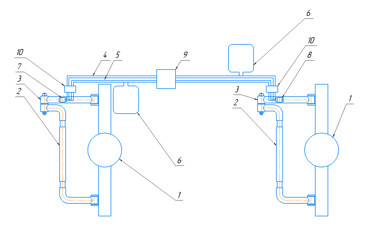 Устройство системы: 1 - передний и задний мосты; 2 - передний и задний стабилизаторы; 3 - тяги стабилизаторов; 4 - трубопровод верхних полостей цилиндров; 5 - трубопровод нижних полостей цилиндров; 6 - гидроаккумуляторы; 7 - передний гидроцилиндр; 8 - задний гидроцилиндр; 9 - клапанное устройство; 10 - аварийные клапаны