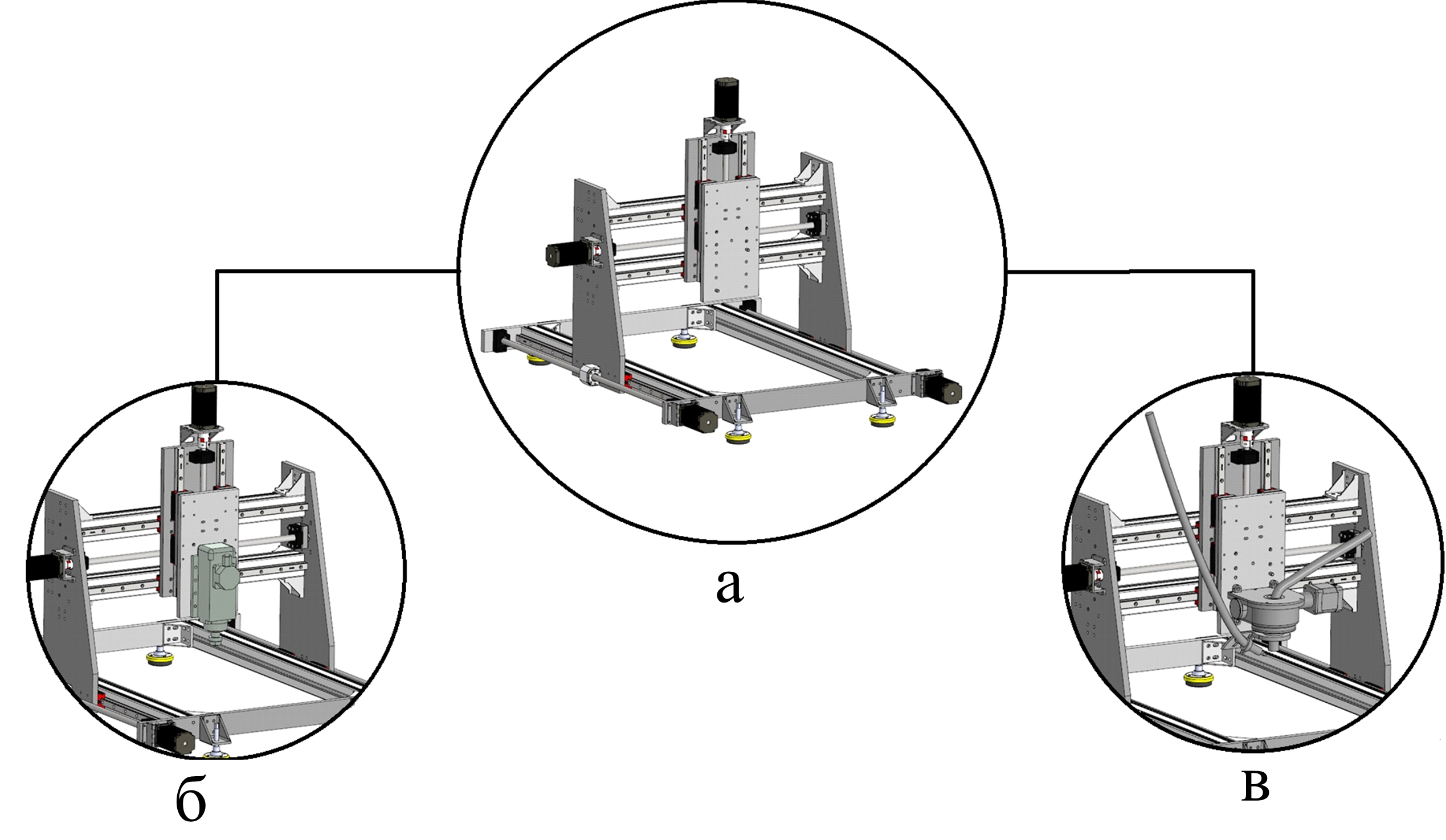 Многофункциональное устройство с ЧПУ: а - база портального типа; б - модуль для обработки резанием; в - модуль для обработки резанием