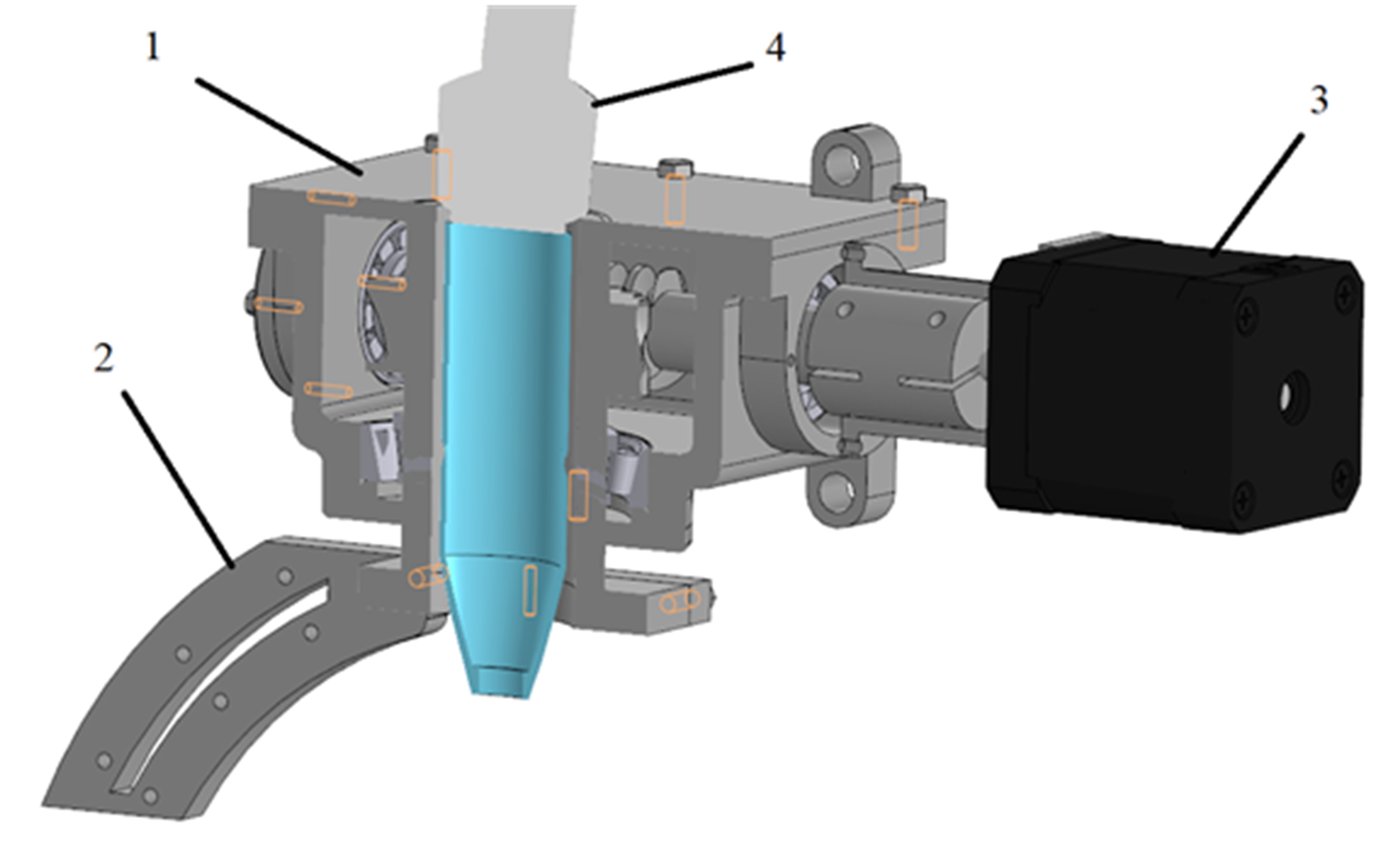 Поворотный механизм: 1 - червячный редуктор; 2 - пластина регулировки наклона сопла с дополнительной проволокой; 3 - шаговый двигатель; 4 - горелка