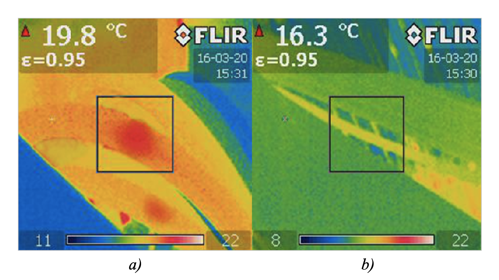 Diagnostics of high-pressure hose bursts:a) thermal picture of the internal condition of four high-pressure hoses located in parallel and under operating pressure; b) an example of the normal state of the hose