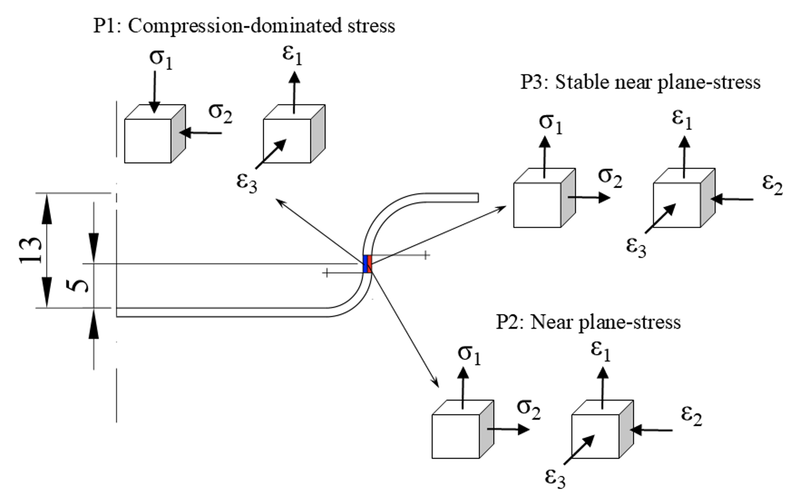 Characteristic stress–strain states across the cup wall